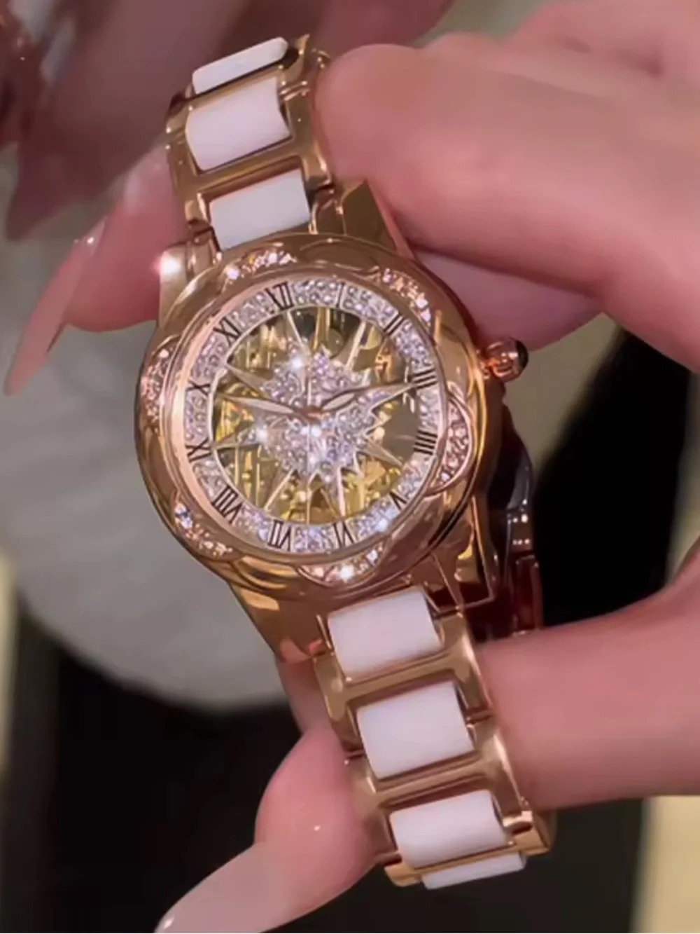 Rose Gold and White Women's Bracelet Watch with Crystal Accent